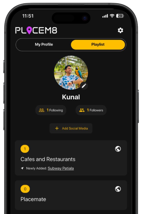 Placem8 App Profile Screen